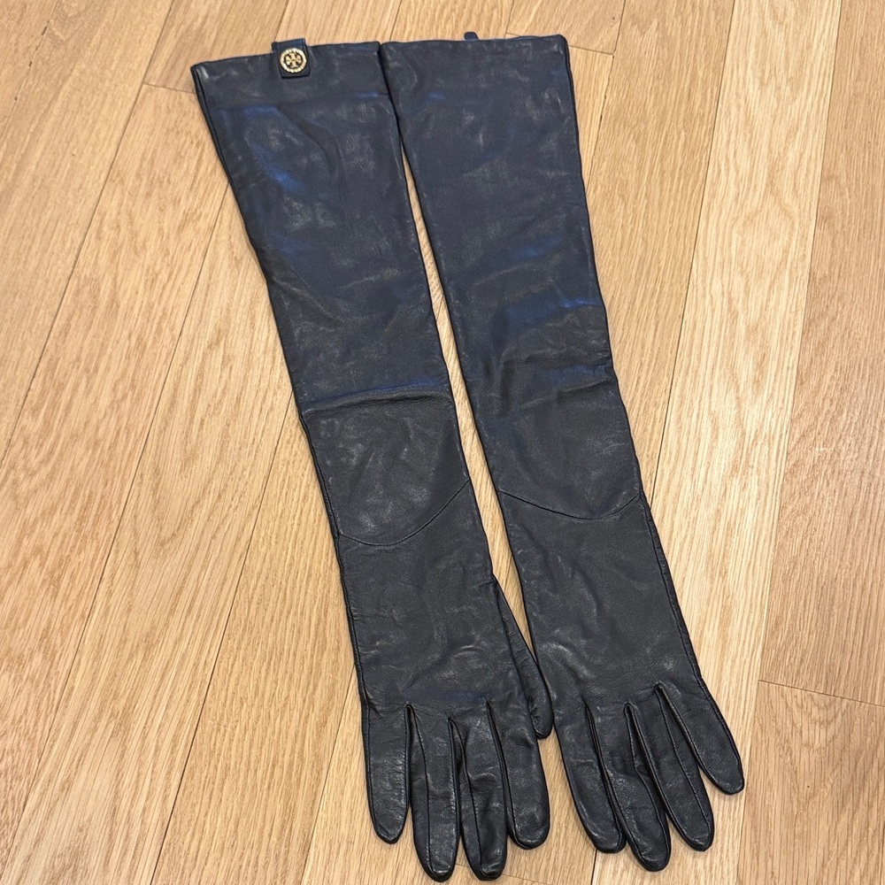 Black Leather Opera length Gloves